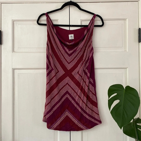 CAbi #3084 Celebrate Geometric Dot Drape Neck Maroon Cream Purple Blouse Rayon S - Picture 2 of 10